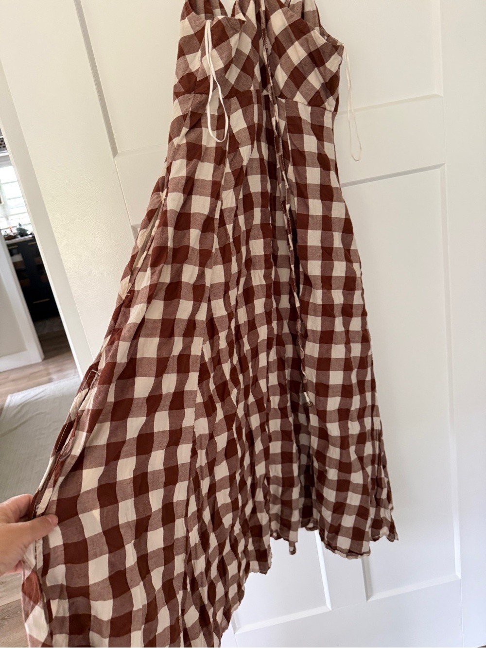 Free People Brown & Cream Gingham Tie-Back Midi Dress - Picture 7 of 7